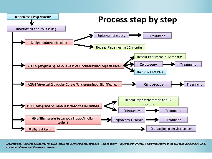 Abnormal Pap smear Process step by step Information and counselling Endometrial biopsy Treatment Benign