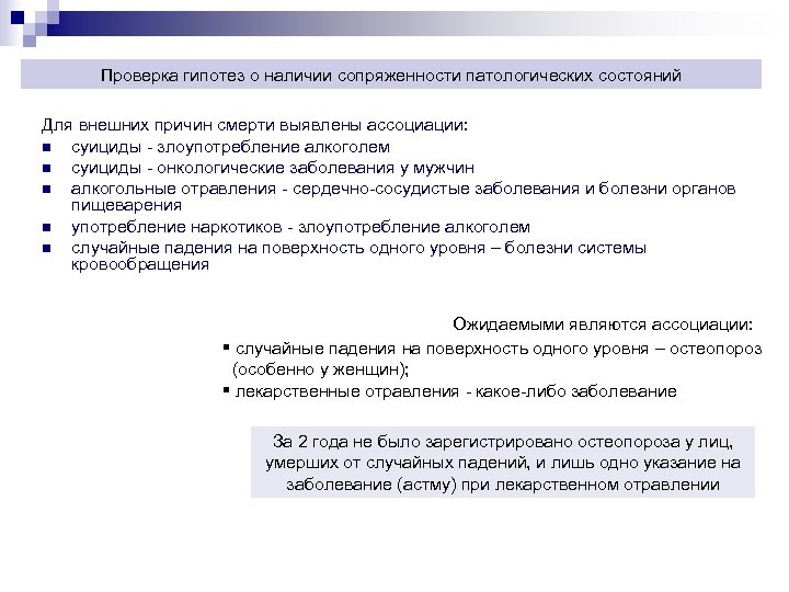 Проверка гипотез о наличии сопряженности патологических состояний Для внешних причин смерти выявлены ассоциации: n