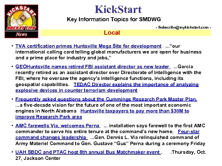 Kick. Start Key Information Topics for SMDWG Local - Subscribe@mykickstart. com - • TVA