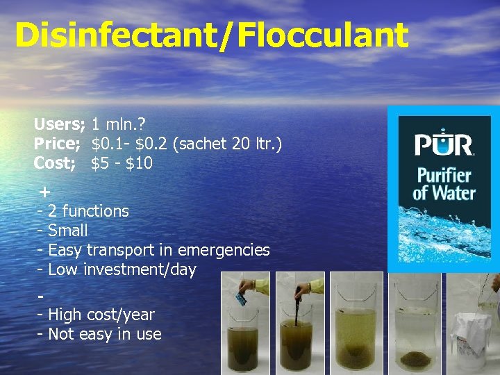 Disinfectant/Flocculant Users; 1 mln. ? Price; $0. 1 - $0. 2 (sachet 20 ltr.
