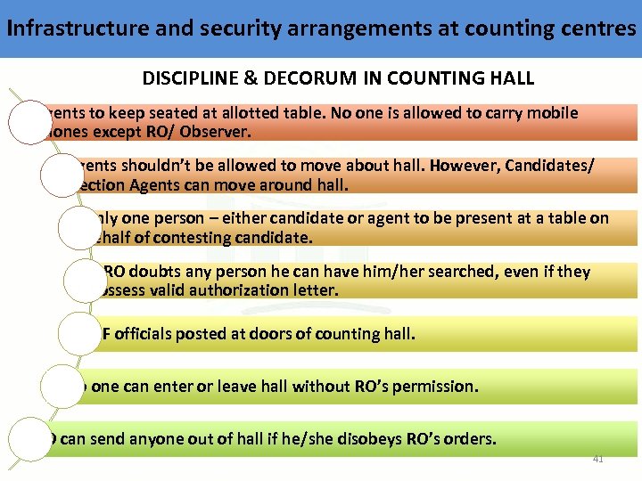 Infrastructure and security arrangements at counting centres DISCIPLINE & DECORUM IN COUNTING HALL Agents