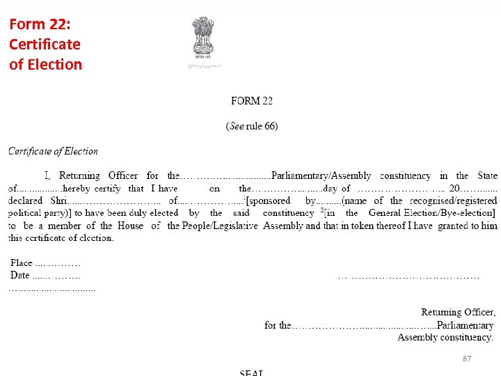 Form 22: Certificate of Election 87 