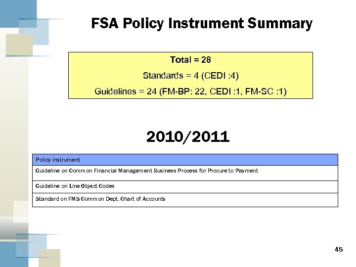 FSA Policy Instrument Summary Total = 28 Standards = 4 (CEDI : 4) Guidelines