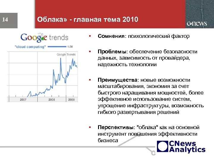 Облака» - главная тема 2010 14 • • Проблемы: обеспечение безопасности данных, зависимость от