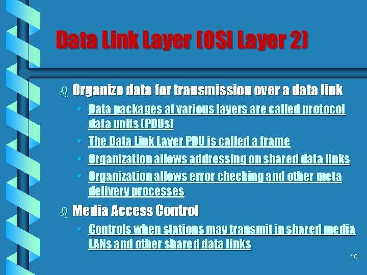 Data Link Layer (OSI Layer 2) b Organize data for transmission over a data