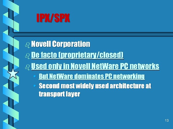 IPX/SPX b Novell Corporation b De facto (proprietary/closed) b Used only in Novell Net.