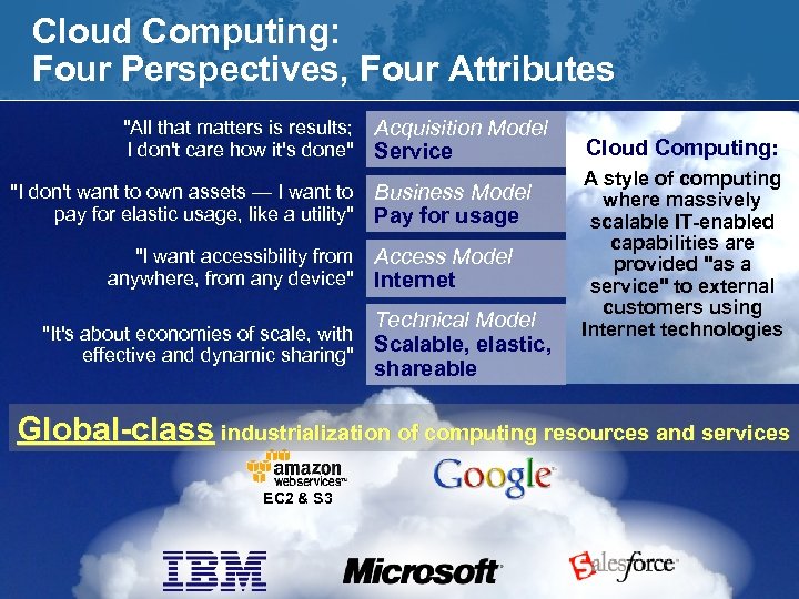 Cloud Computing: Four Perspectives, Four Attributes "All that matters is results; I don't care