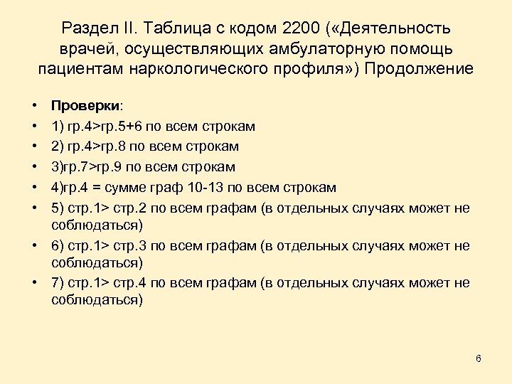 Раздел II. Таблица с кодом 2200 ( «Деятельность врачей, осуществляющих амбулаторную помощь пациентам наркологического