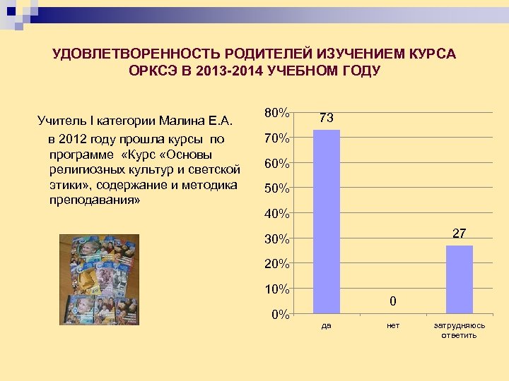  УДОВЛЕТВОРЕННОСТЬ РОДИТЕЛЕЙ ИЗУЧЕНИЕМ КУРСА ОРКСЭ В 2013 -2014 УЧЕБНОМ ГОДУ Учитель I категории