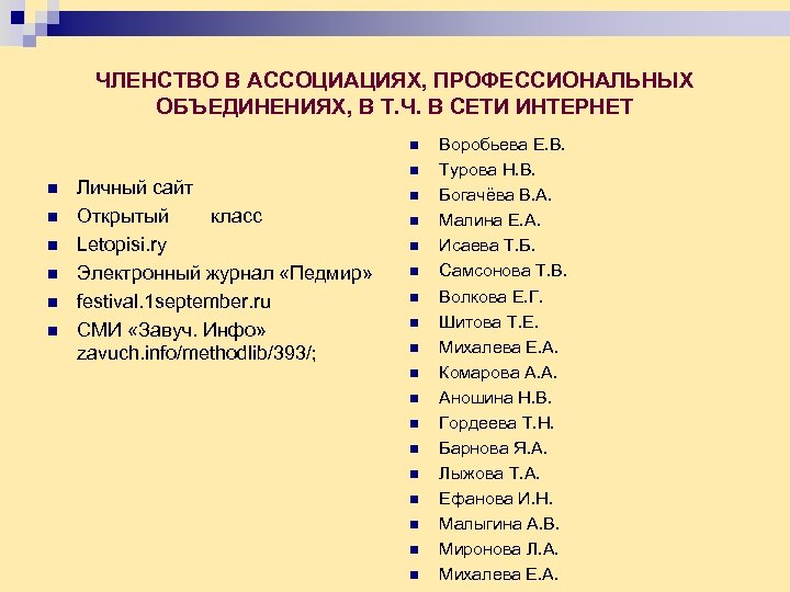 ЧЛЕНСТВО В АССОЦИАЦИЯХ, ПРОФЕССИОНАЛЬНЫХ ОБЪЕДИНЕНИЯХ, В Т. Ч. В СЕТИ ИНТЕРНЕТ n n n