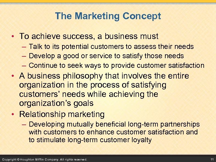 The Marketing Concept • To achieve success, a business must – Talk to its