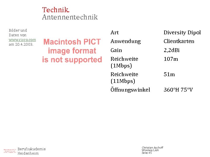 Technik. Antennentechnik Bilder und Daten von www. cisco. com am 20. 4. 2003. Diversity