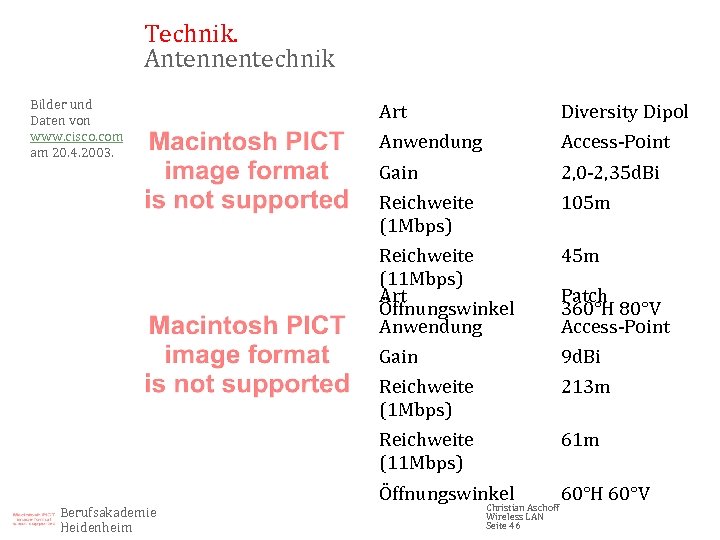 Technik. Antennentechnik Bilder und Daten von www. cisco. com am 20. 4. 2003. Diversity