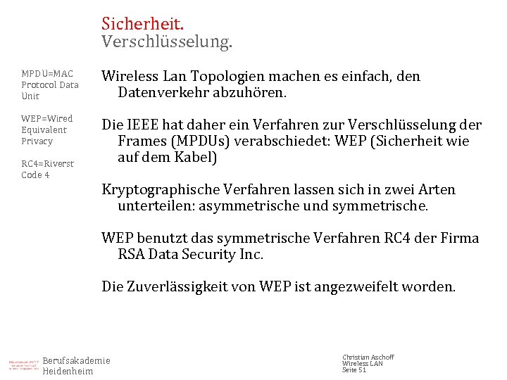 Sicherheit. Verschlüsselung. MPDU=MAC Protocol Data Unit Wireless Lan Topologien machen es einfach, den Datenverkehr