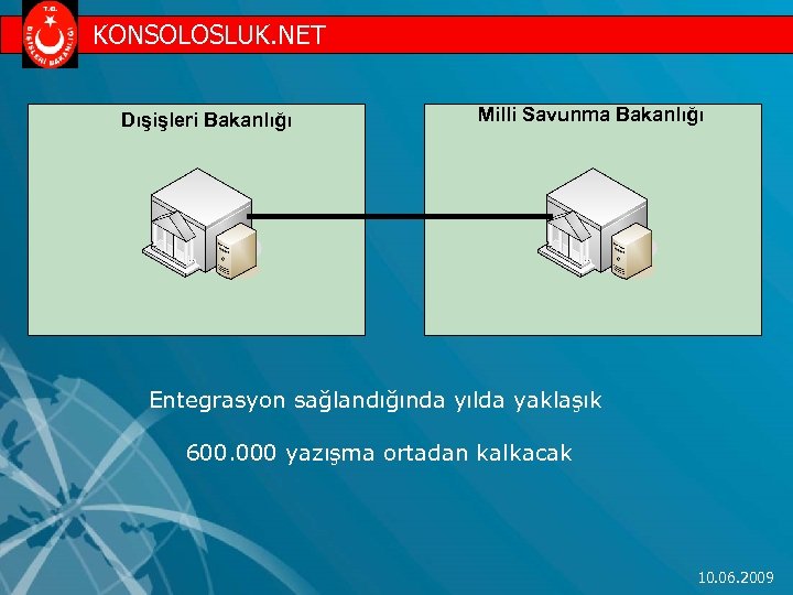KONSOLOSLUK. NET Dışişleri Bakanlığı Milli Savunma Bakanlığı Entegrasyon sağlandığında yılda yaklaşık 600. 000 yazışma