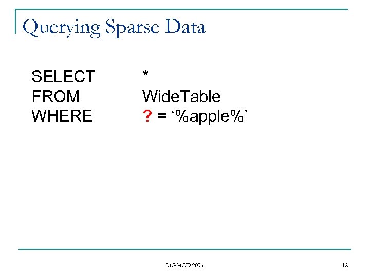 Querying Sparse Data SELECT FROM WHERE * Wide. Table ? = ‘%apple%’ SIGMOD 2007