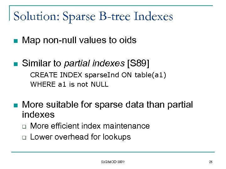 Solution: Sparse B-tree Indexes n Map non-null values to oids n Similar to partial