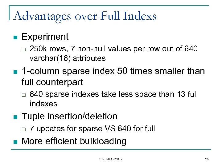 Advantages over Full Indexs n Experiment q n 1 -column sparse index 50 times