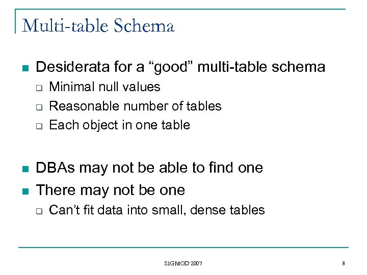 Multi-table Schema n Desiderata for a “good” multi-table schema q q q n n