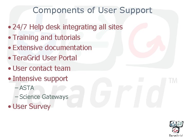 Components of User Support • 24/7 Help desk integrating all sites • Training and