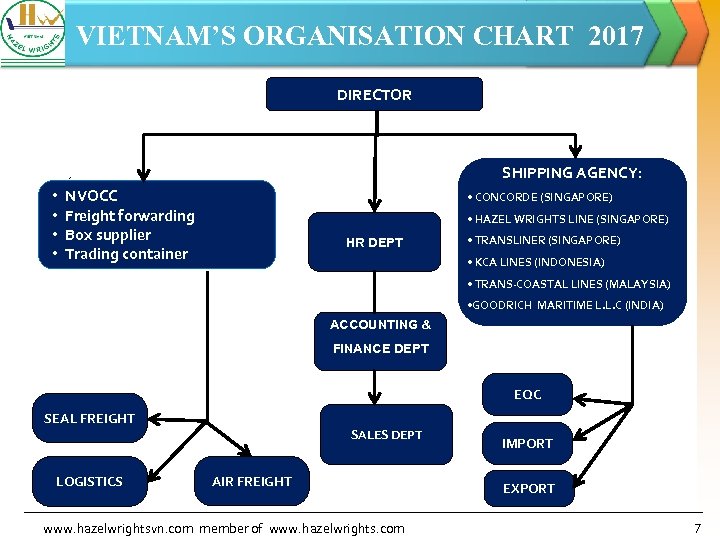 VIETNAM’S ORGANISATION CHART 2017 DIRECTOR SHIPPING AGENCY: • • NVOCC Freight forwarding Box supplier