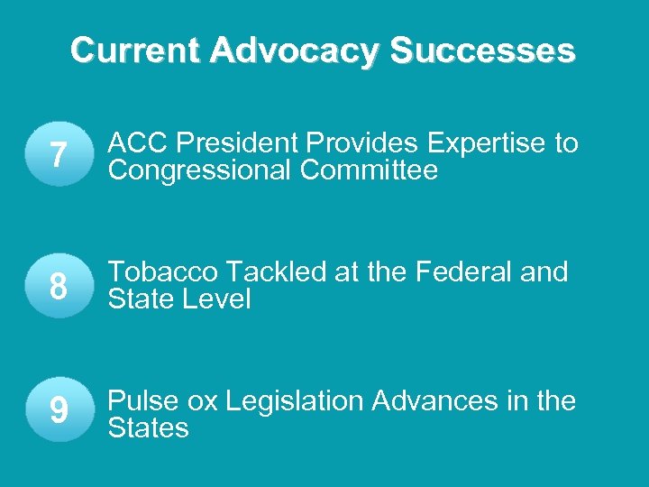 Current Advocacy Successes 7 ACC President Provides Expertise to Congressional Committee 8 Tobacco Tackled