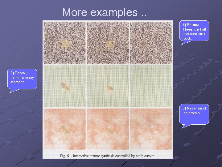 More examples. . 1) Philoos, There is a half bee near your food. .