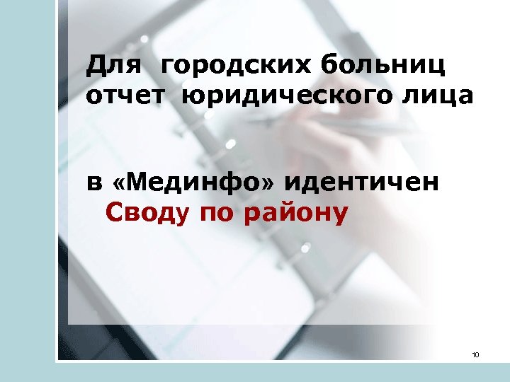 Для городских больниц отчет юридического лица в «Мединфо» идентичен Своду по району 10 
