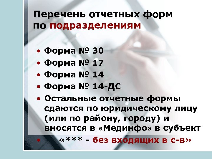 Перечень отчетных форм по подразделениям • • • Форма № 30 Форма № 17
