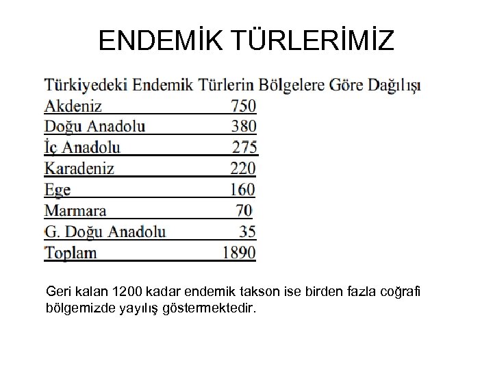 ENDEMİK TÜRLERİMİZ Geri kalan 1200 kadar endemik takson ise birden fazla coğrafi bölgemizde yayılış