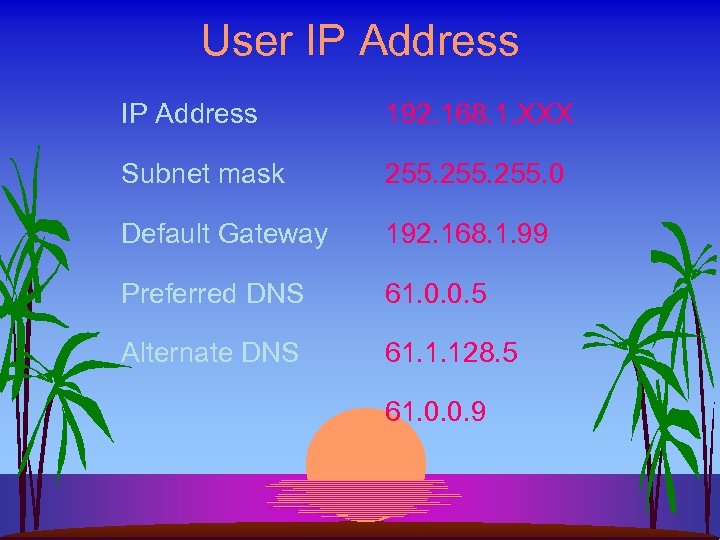 User IP Address 192. 168. 1. XXX Subnet mask 255. 0 Default Gateway 192.