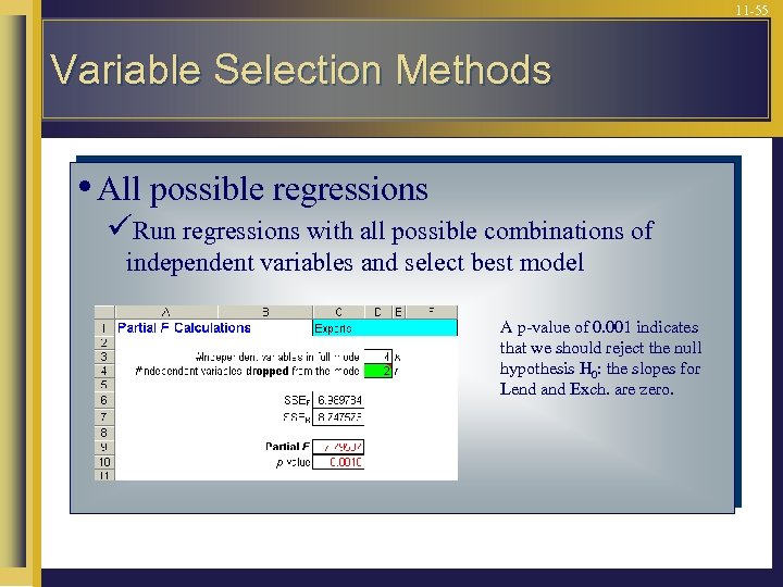 11 -55 Variable Selection Methods • All possible regressions üRun regressions with all possible