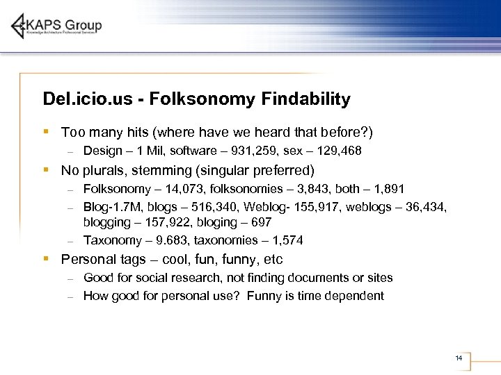 Del. icio. us - Folksonomy Findability § Too many hits (where have we heard