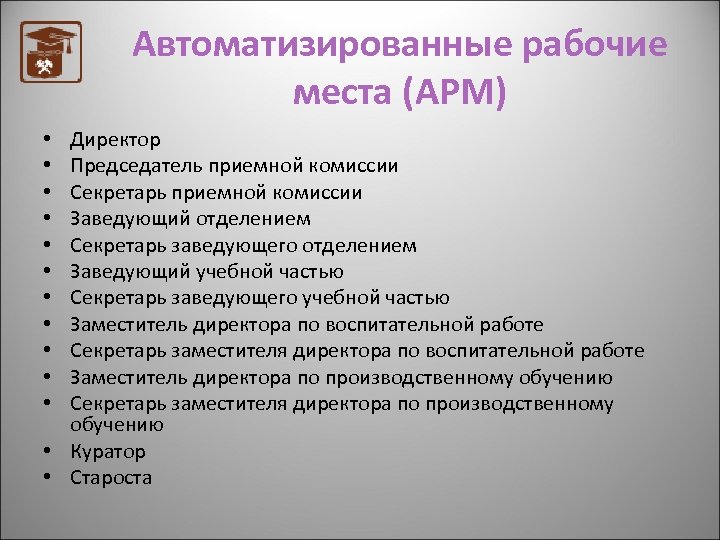 Автоматизированные рабочие места (АРМ) Директор Председатель приемной комиссии Секретарь приемной комиссии Заведующий отделением Секретарь