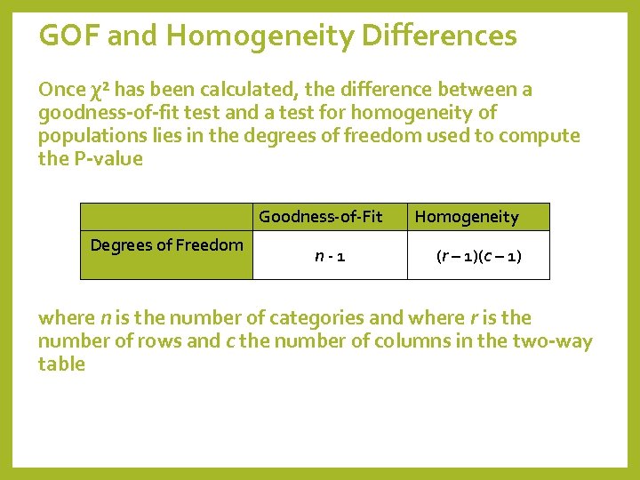 GOF and Homogeneity Differences Once χ² has been calculated, the difference between a goodness-of-fit