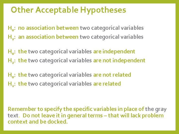 Other Acceptable Hypotheses H 0: no association between two categorical variables Ha: an association