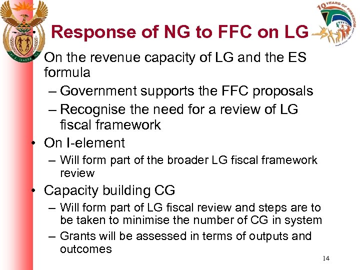 Response of NG to FFC on LG • On the revenue capacity of LG