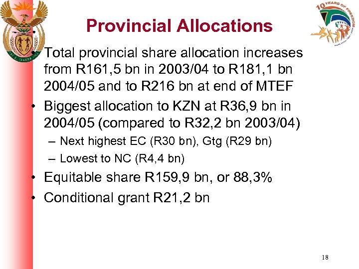 Provincial Allocations • Total provincial share allocation increases from R 161, 5 bn in