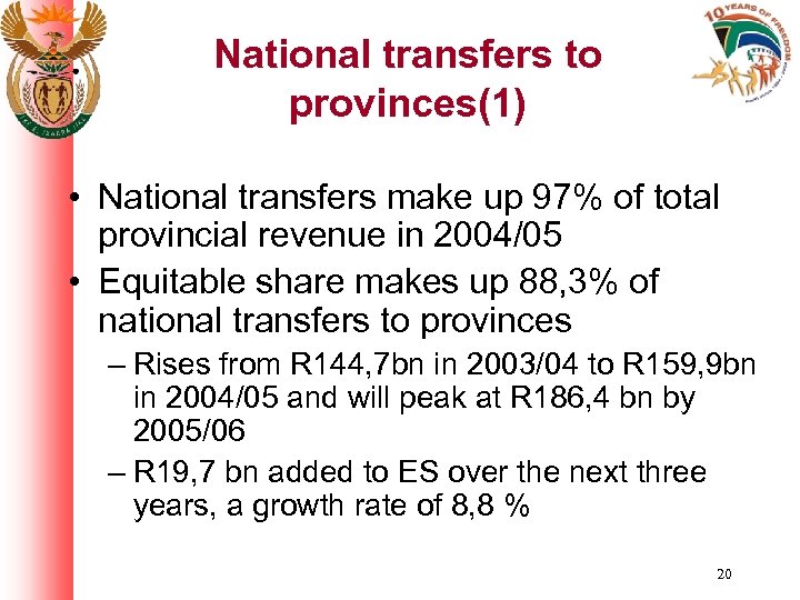 National transfers to provinces(1) • National transfers make up 97% of total provincial revenue