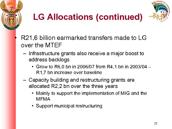 LG Allocations (continued) • R 21, 6 billion earmarked transfers made to LG over