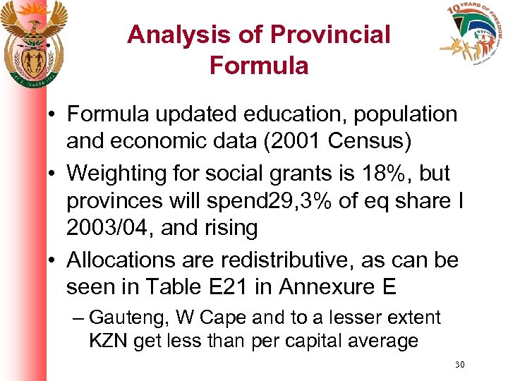 Analysis of Provincial Formula • Formula updated education, population and economic data (2001 Census)