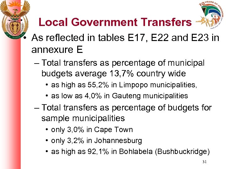 Local Government Transfers • As reflected in tables E 17, E 22 and E