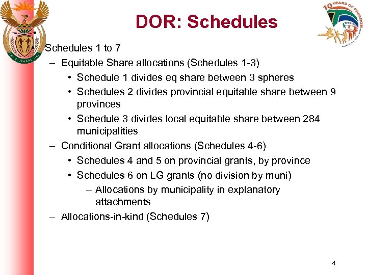 DOR: Schedules • Schedules 1 to 7 – Equitable Share allocations (Schedules 1 -3)