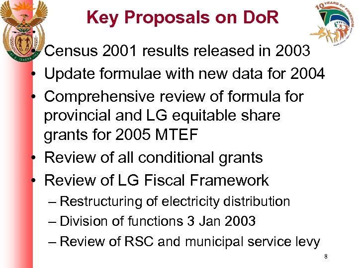 Key Proposals on Do. R • Census 2001 results released in 2003 • Update