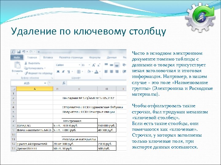 Удаление по ключевому столбцу Часто в исходном электронном документе помимо таблицы с данными о