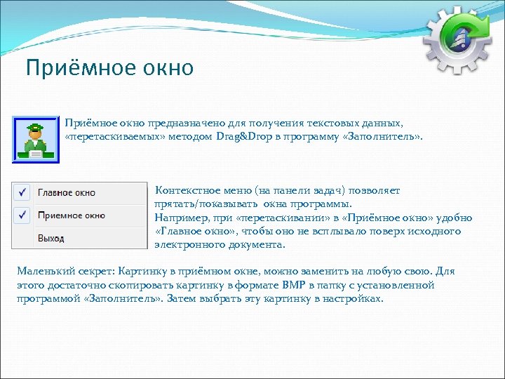 Приёмное окно Приёмное окно предназначено для получения текстовых данных, «перетаскиваемых» методом Drag&Drop в программу