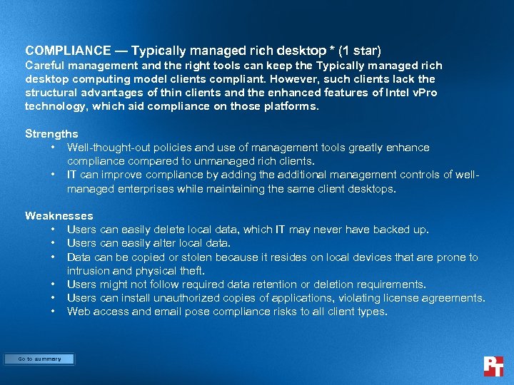 COMPLIANCE — Typically managed rich desktop * (1 star) Careful management and the right