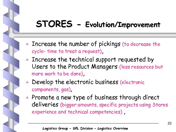 STORES © © Evolution/Improvement Increase the number of pickings (to decrease the cycle- time