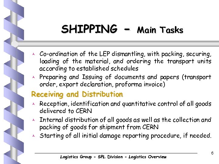 SHIPPING © © - Main Tasks Co-ordination of the LEP dismantling, with packing, securing,
