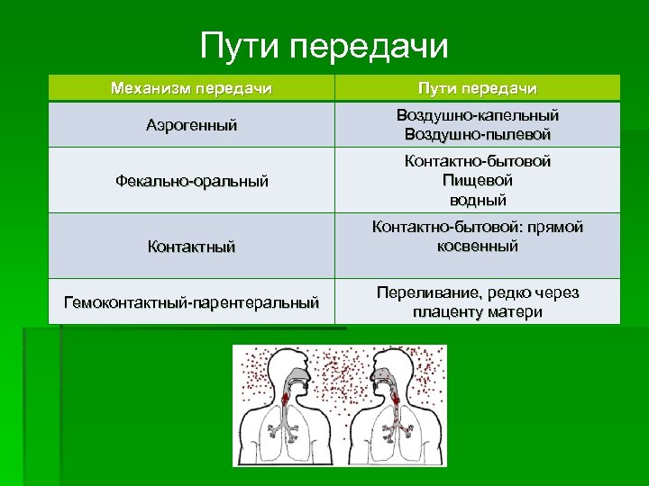 Пути передачи Механизм передачи Пути передачи Аэрогенный Воздушно-капельный Воздушно-пылевой Фекально-оральный Контактно-бытовой Пищевой водный Контактный